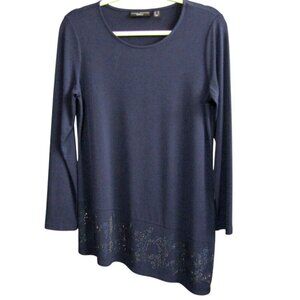 Susan Graver Artisan Liquid Knit Tunic Asymmetric Hem Top Navy Blue XS A344635